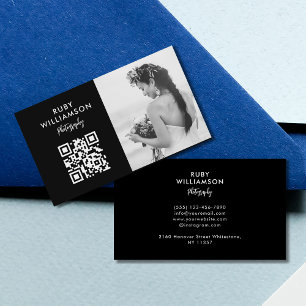 Carte De Visite Code QR de photographe de mariage élégant en noir