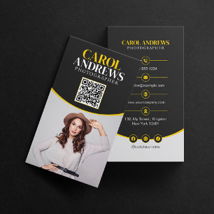 Carte De Visite Code QR de photographe professionnel noir et jaune