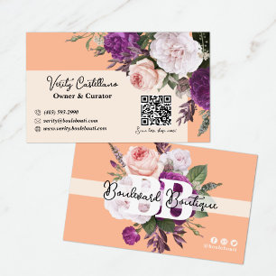 Carte De Visite Code QR de Pretty Peach Vintage Roses Floral Bouti