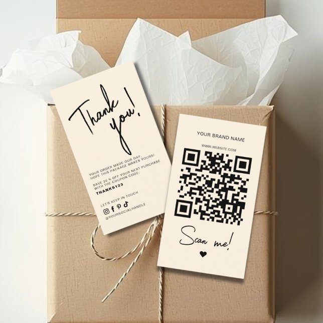 Carte De Visite Code QR de remerciement de commande moderne beige (Créateur téléchargé)