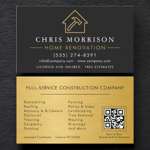 Carte De Visite Code QR de rénovation de maison en métal doré noir