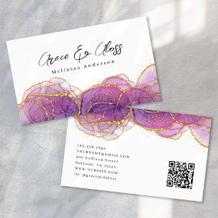 Carte De Visite Code QR de salon de manucure paillettes or violet