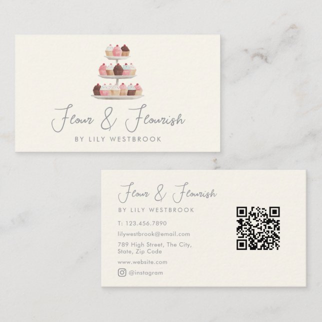 Carte De Visite Code QR de script de gâteaux de Cupcakes de boulan (Devant / Derrière)