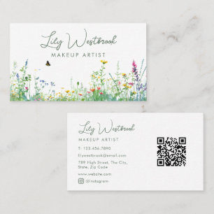 Carte De Visite Code QR de script floral à fleur de watercolor ver