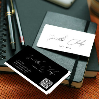 Carte De Visite Code QR de script manuscrit blanc et noir simple
