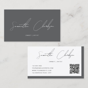 Carte De Visite Code QR de script manuscrit de luxe moderne gris f
