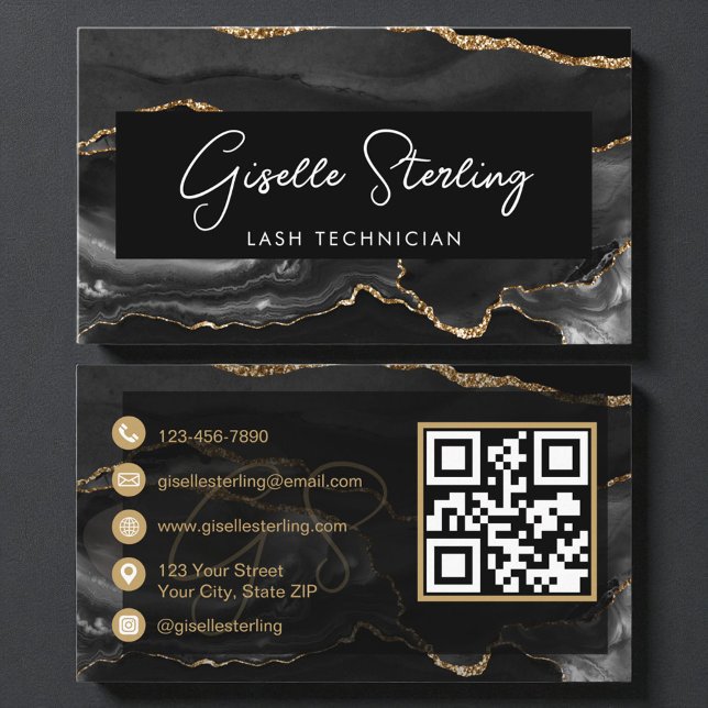 Carte De Visite Code QR de technicien en cils Black Gold  (Créateur téléchargé)