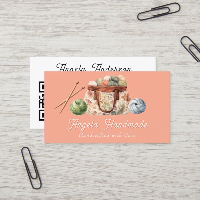 Carte De Visite Code QR de tricot fait main (Devant/Arrière en situation)