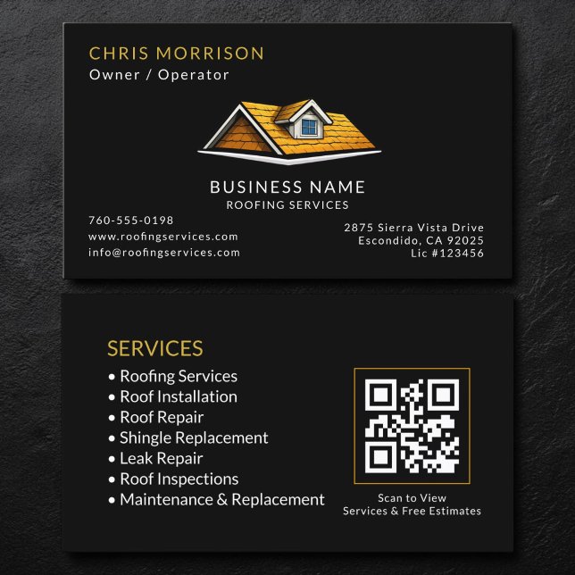 Carte De Visite Code QR des services de toiture Black Roofer (Créateur téléchargé)