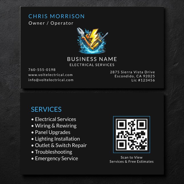 Carte De Visite Code QR des services d'électricien noir (Créateur téléchargé)