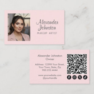Carte De Visite Code QR d'icône sociale de script Rose Blush Photo