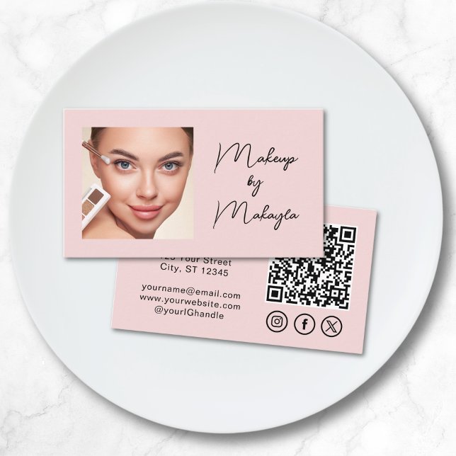Carte De Visite Code QR d'icône sociale de script rose Blush Photo (Créateur téléchargé)