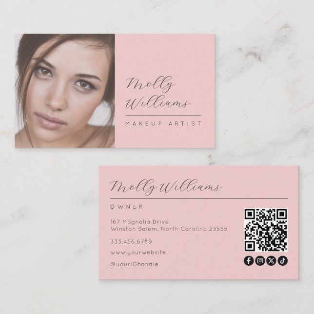 Carte De Visite Code QR d'icône sociale de script rose blush Photo (Devant / Derrière)