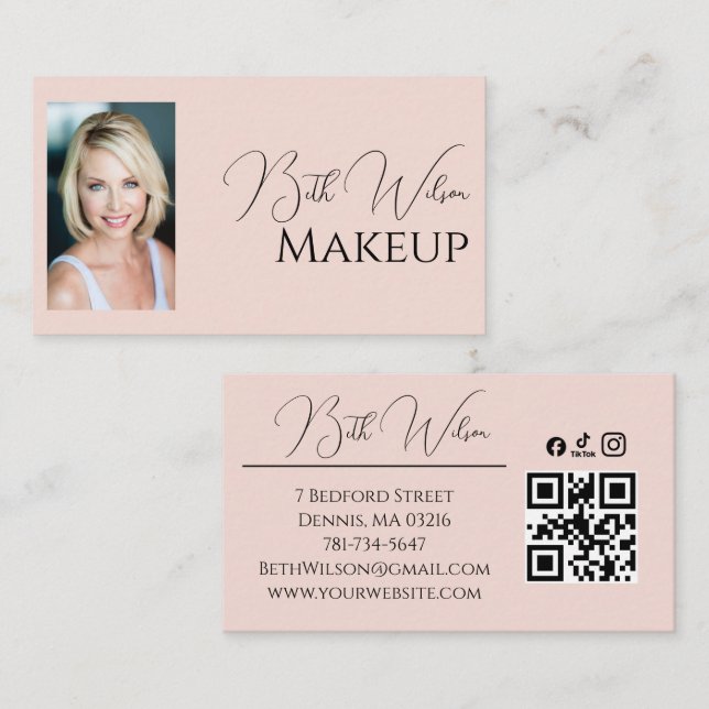 Carte De Visite Code QR d'icône sociale de script rose ému Makeup  (Devant / Derrière)