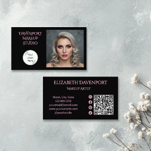 Carte De Visite Code QR d'icône sociale rose Blush noir Photo Maqu