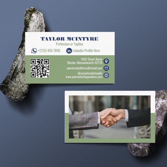 Carte De Visite Code QR d'icônes professionnelles Olive & Bleu mar (Créateur téléchargé)