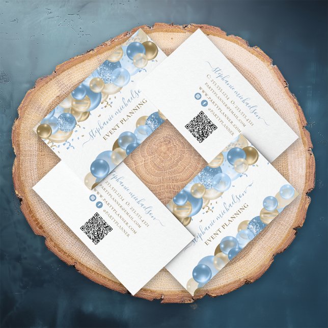Carte De Visite Code QR du joueur de parti Blue Gold Balloon (Party Planner Blue Gold Balloon QR Code Business Card)