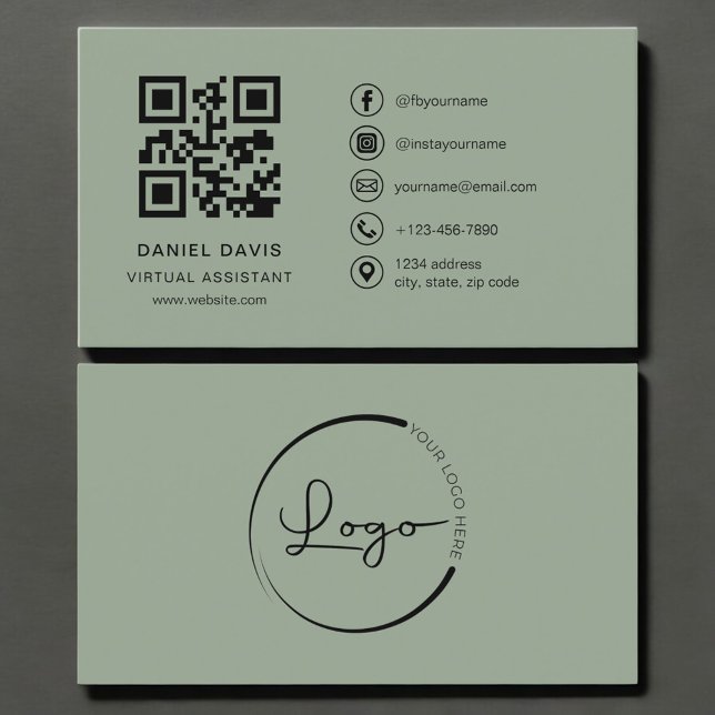 Carte De Visite Code QR du logo Vert Sage de l'assistant virtuel  (Créateur téléchargé)