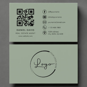 Carte De Visite Code QR du logo Vert Sauge de l'agent immobilier 