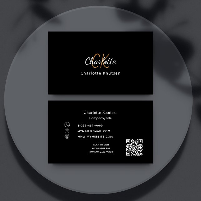 Carte De Visite Code Qr du monogramme en or noir (Créateur téléchargé)