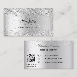 Carte De Visite Code QR du monogramme Silver confetti