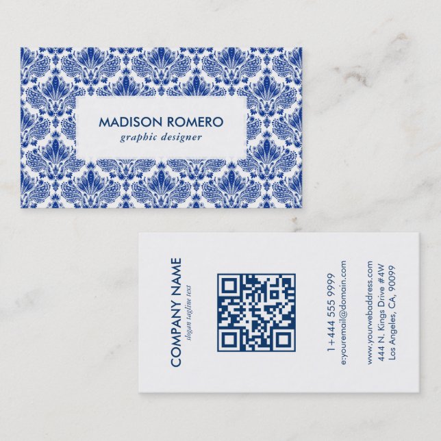 Carte De Visite Code QR du Motif Royal Blue and White Damask (Devant / Derrière)