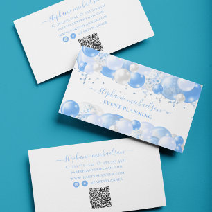 Carte De Visite Code QR du planificateur de parti Bleu Blanc Bleu