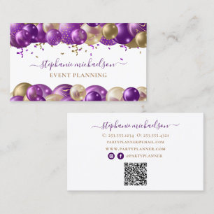 Carte De Visite Code QR du planificateur de parti violet or ballon