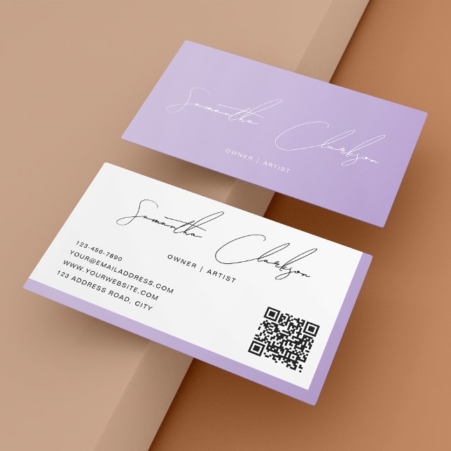 Carte De Visite Code QR du script manuscrit Blush Purple Simple (Créateur téléchargé)