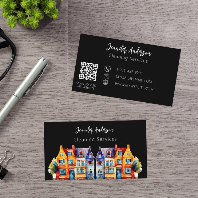 Carte De Visite Code QR du service de nettoyage à domicile noir (Créateur téléchargé)