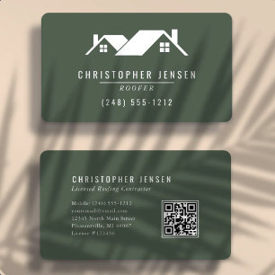 Carte De Visite Code QR d'un Couvreur en Vert Foncé Arrondi