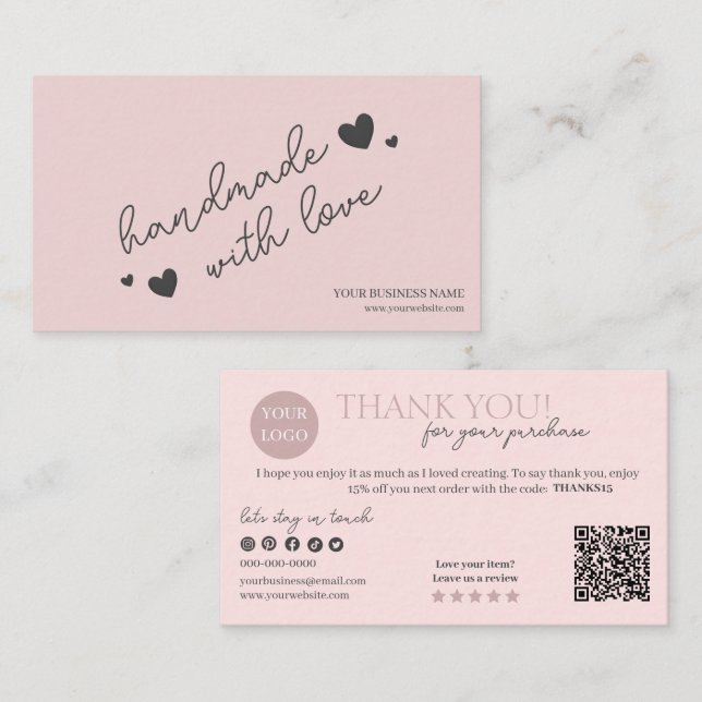 Carte De Visite Code QR écriture moderne rose, Bougie Merci (Devant / Derrière)