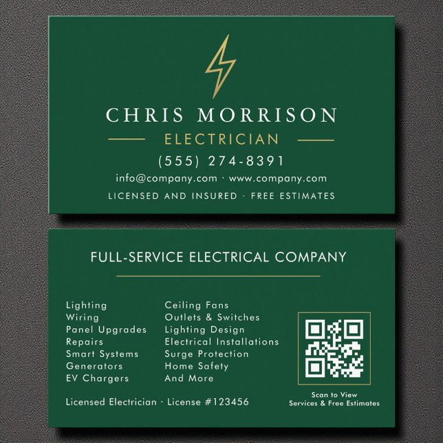 Carte De Visite Code QR Électricien Or Vert Moderne (Créateur téléchargé)