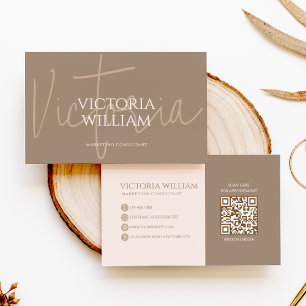 Carte De Visite Code QR élégant beige neutre script