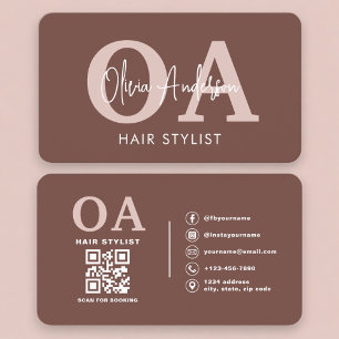 Carte De Visite Code QR élégant de coiffeur en terre cuite