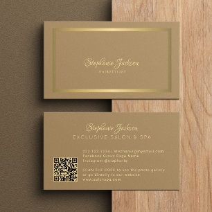Carte De Visite Code QR élégant de luxe beige et or pour coiffeur