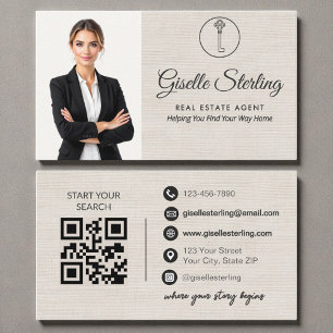 Carte De Visite Code QR élégant en lin pour agent immobilier