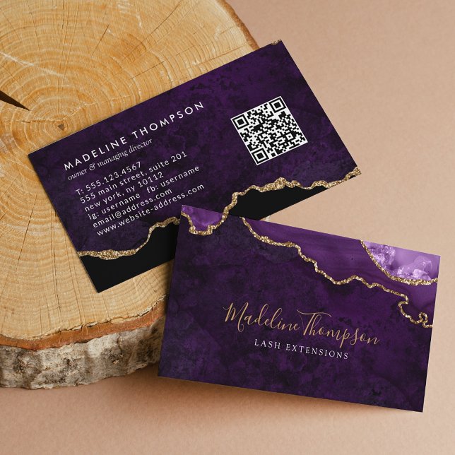 Carte De Visite Code QR élégant Marbre violet Agate Géode (Créateur téléchargé)