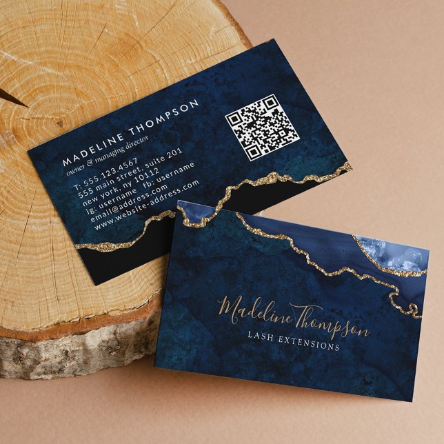 Carte De Visite Code QR élégant Marine Marbre Bleu Agate Géode (Créateur téléchargé)