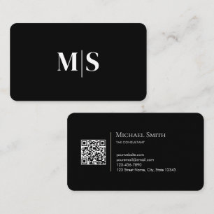 Carte De Visite Code QR Élégant Minimaliste Initiales Blanc sur No