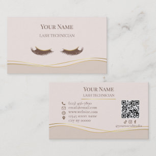 Carte De Visite Code QR élégant Technicienne de cils beige et or