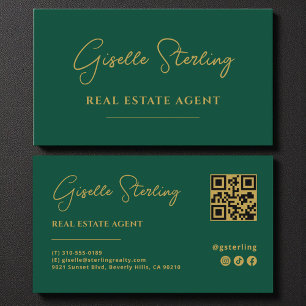 Carte De Visite Code QR Emerald Green & Gold Real Estate Agent