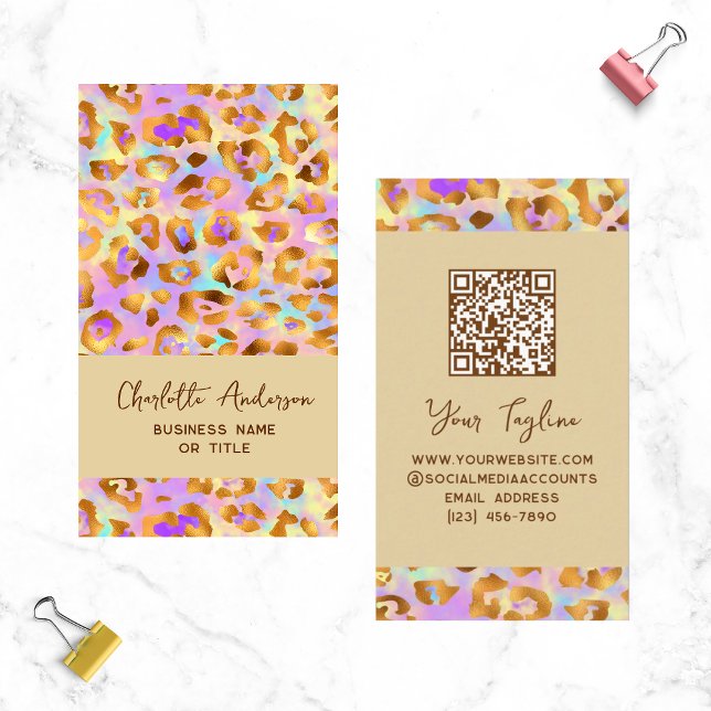 Carte De Visite Code QR Empreinte de léopard moderne Pastel modern (Créateur téléchargé)