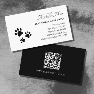 Carte De Visite Code QR Empreintes de pattes Black White Pet Sitte