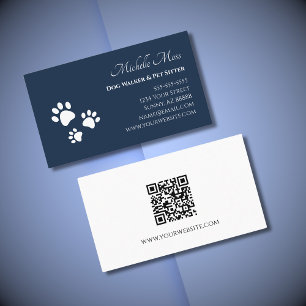 Carte De Visite Code QR Empreintes de pattes Marine Blue Pet Sitte
