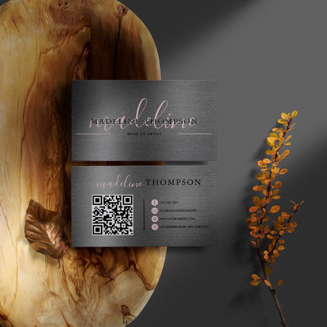 Carte De Visite Code Qr en acier brossé métallique rose pâle (Créateur téléchargé)