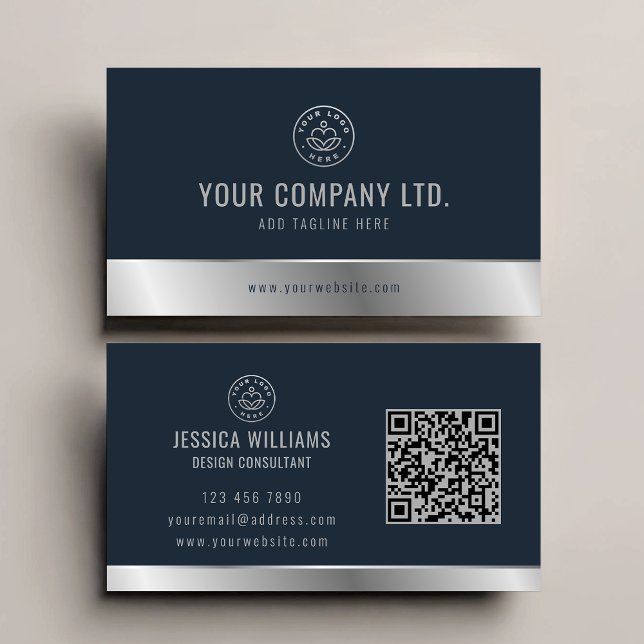 Carte De Visite Code QR en argent bleu élégant du logo personnalis (Créateur téléchargé)