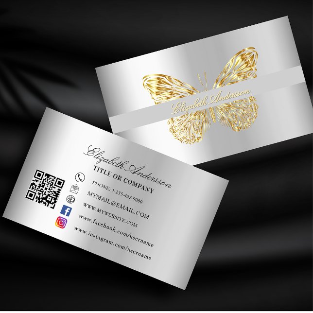 Carte De Visite Code QR en argent papillon (Créateur téléchargé)