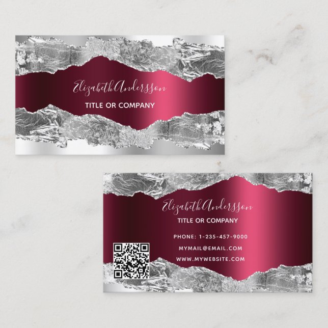 Carte De Visite Code QR en marbre argenté bordeaux (Devant / Derrière)