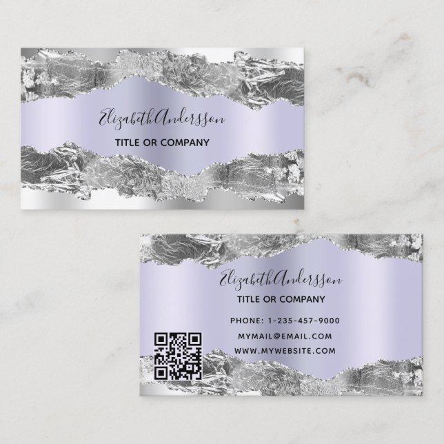 Carte De Visite Code QR en marbre violet argenté (Devant / Derrière)